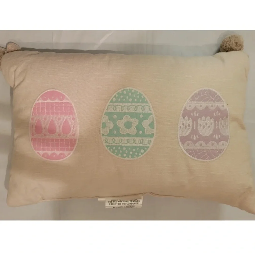 Spritz Accent Throw Pillow Easter Eggs Spring Rectangle Neutral Decor Pom Poms
